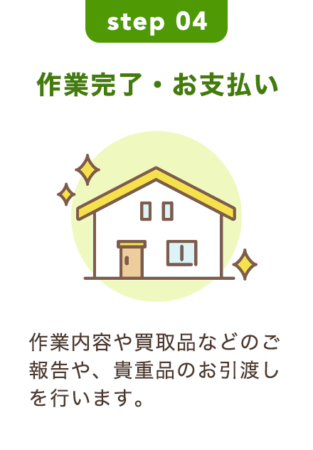 step 04｜作業完了・お支払い｜作業内容や買取品などのご報告や、貴重品のお引渡しを行います。